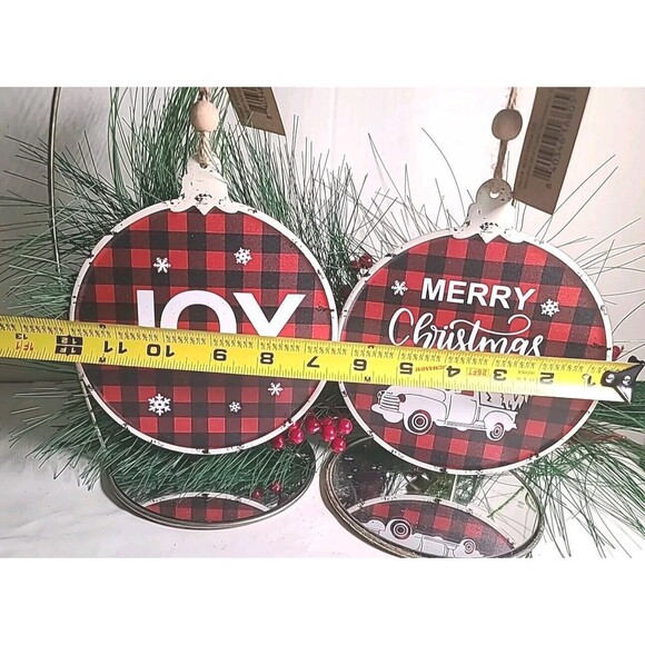 NEW Set Metal Buffalo Check 6.5" Merry Christmas & JOY Tree Ornaments Farmhouse - Picture 2 of 6